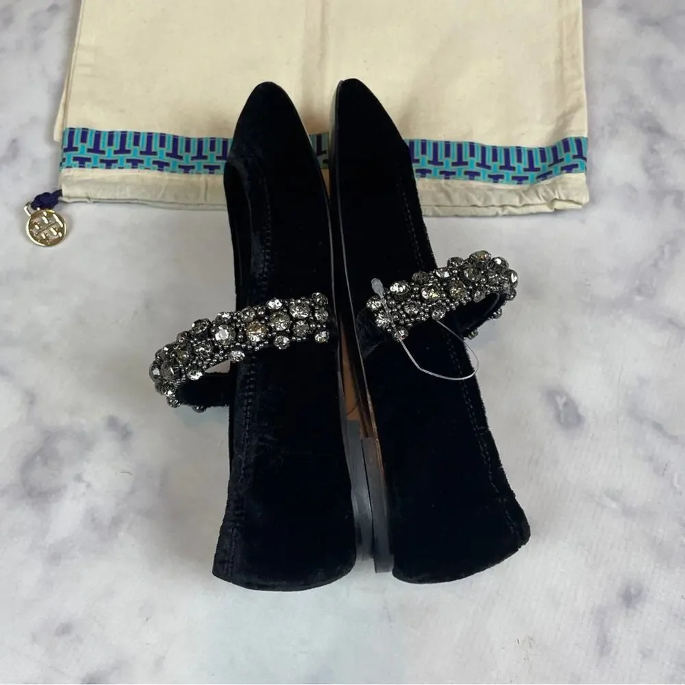 Tory Burch Black Velvet Crystal Strap Mary Jane Flats NWOB Sz 6.5